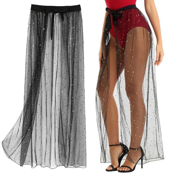 

women shiny sequins bikini cover up see through skirts swimsuit summer lady elastic waist mesh maxi wrap skirt beachwear, Black