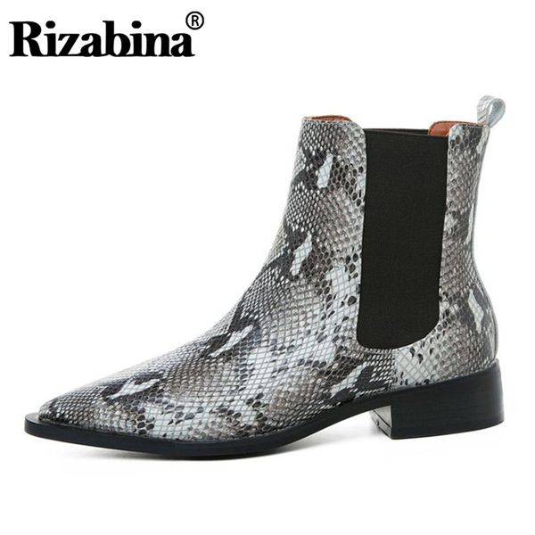 

rizabina women ankle winter real leather winter shoes women pointed toe low heel snakeskin pattern footwear size 33-43, Black