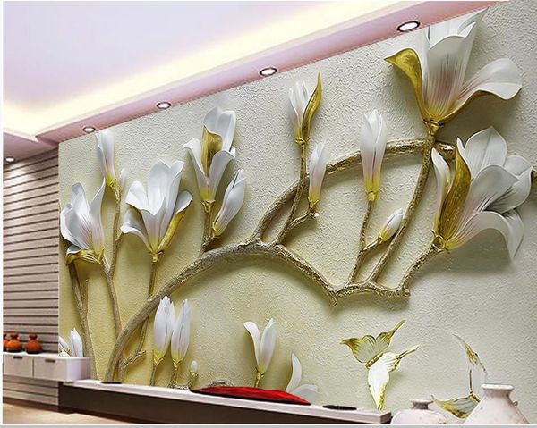 3D Wandbilder Tapete für Wohnzimmer Orchidee Relief Wallpapers Hintergrund Wand Magnolia Relief Relief Malerei 3D Hintergrund Wand