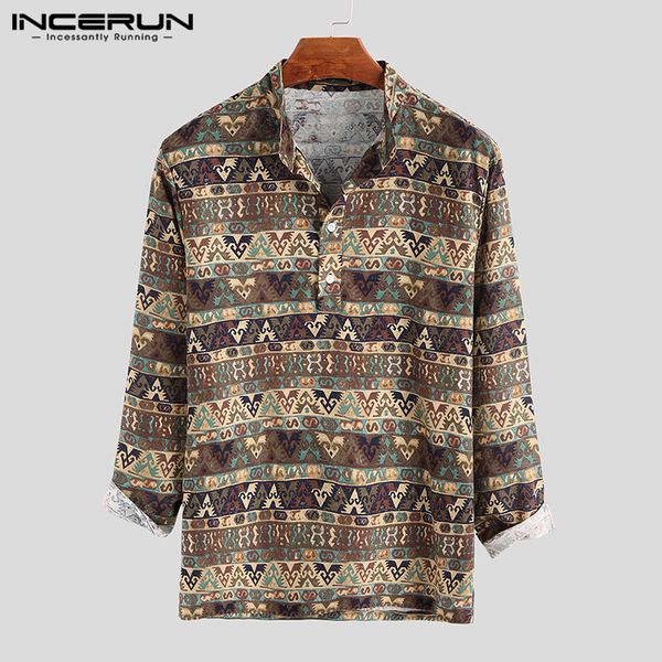 

incerun vintage printing shirt men stand collar 2019 streetwear cotton long sleeve pullovers casual vacation hawaiian shirts men, White;black