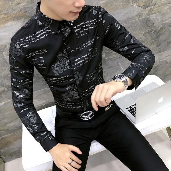 

мужчины с длинным рукавом рубашки 2018 весна новый роскошный письмо печати смокинг рубашки мужчин slim fit повседневные платья рубашки мужчи, White;black