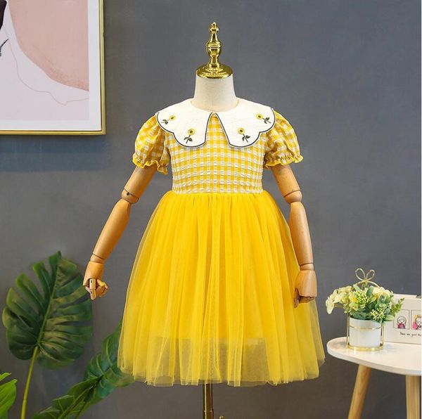 

2020 summer baby girls cotton plaids embroidery mesh dress, princess kids sweet yellow pink clothing 5 piece/lot wholesale, Red;yellow