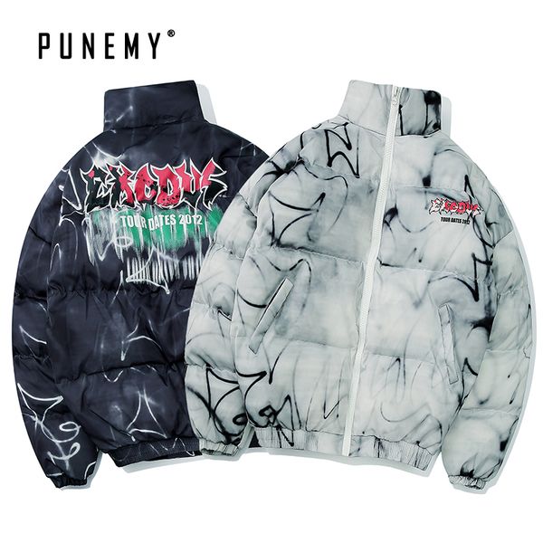 

men bomber winter parkas windbreaker 2019 north canada coats stand collar retro hip hop graffiti pattern streetwear men's parkas, Black