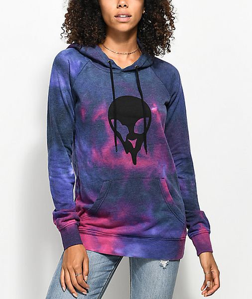 

women's alien print tie dye pullover hoodie sweatshirt usa size s-xl ( over sized and thin, Black