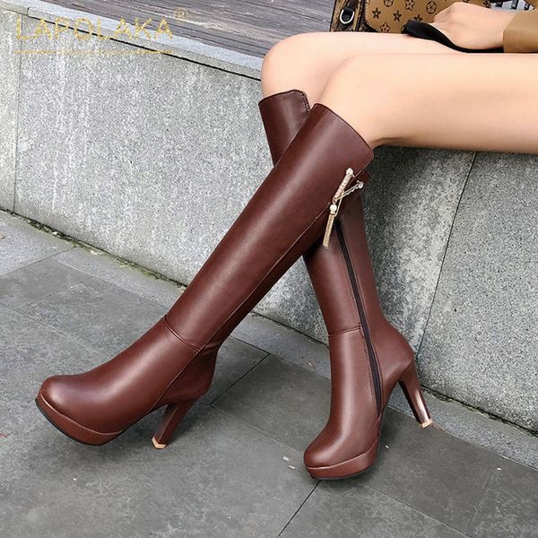 

lapolaka new arrivals big size 32-43 chunky high heels knee high boots woman shoes metal decoration zip up shoes women boots, Black