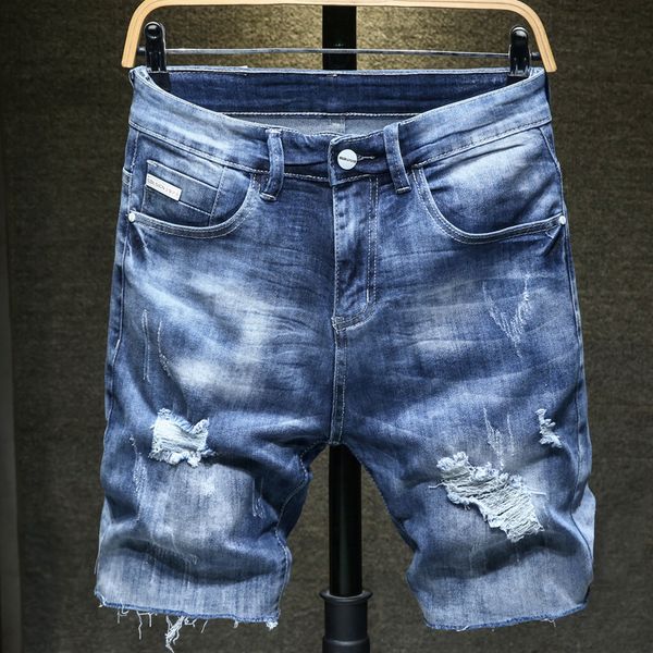 

2020 summer new men's ripped short jeans fashion casual trend stretch blue denim shorts male brand clothes, White;black