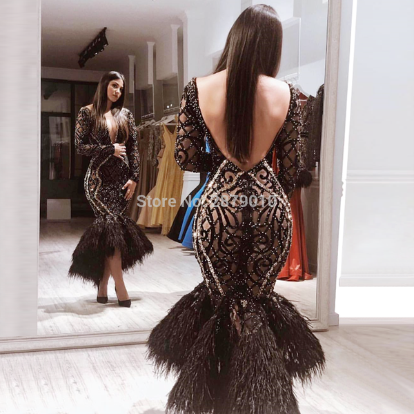 

haute couture v-образным вырезом русалка вечернее платье с длинными рукавами бисером блестки длиной до щиколоток перья формальные женщины пл, White;black