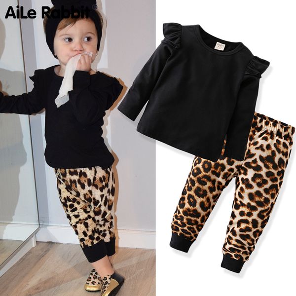 

2019 autumn girls' clothes set long sleeve t-shirt leopard pants 2 piece set fashion ins flying sleeve for baby clothes, White