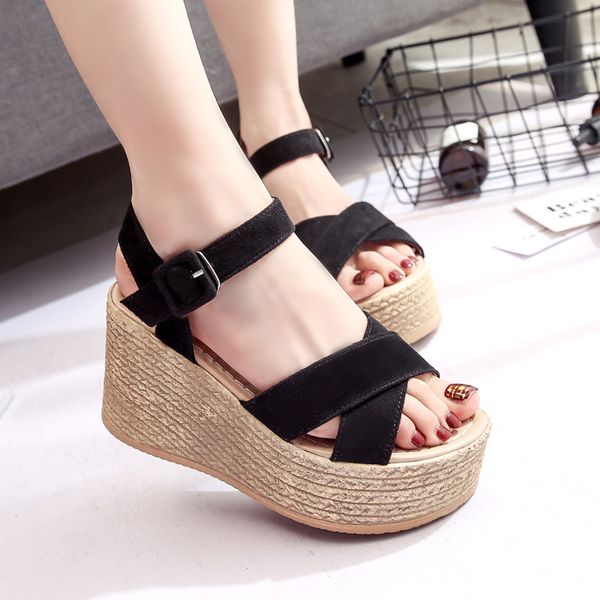 

sandals women 2020 summer new muffin wedge heel platform sandals solid color suede women sandals tide, Black