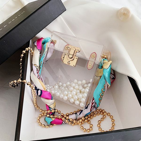 

2020 acrylic lock small square scarf small square bag women's chain scarf single shoulder slanting box bag