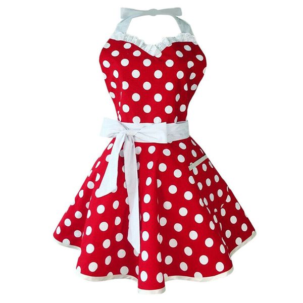 

ladies women apron polka dot waitress dress lace edge shoulder strap cooking baking protection household cleaning