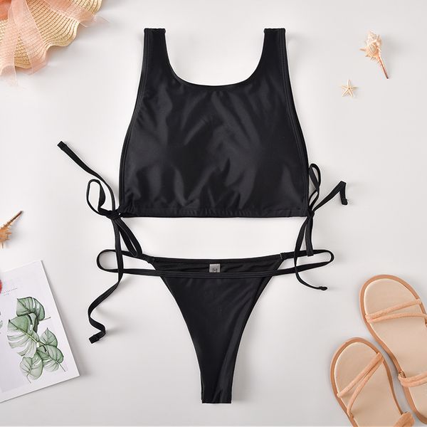 

two-piece 2020 european and american new swimwear bikini black vest split ladies swimsuit low waist lace design, White;black