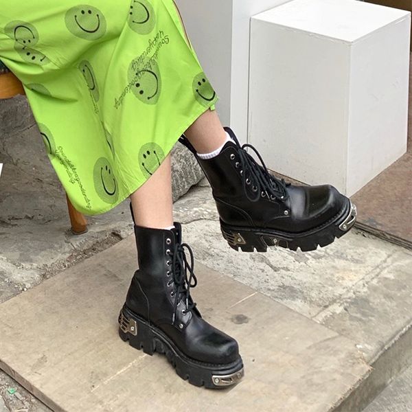 

gcyfwj fashion winter ankle microfiber metal decoration lace up platform shoes woman high heels militares riding boots mx200324, Black