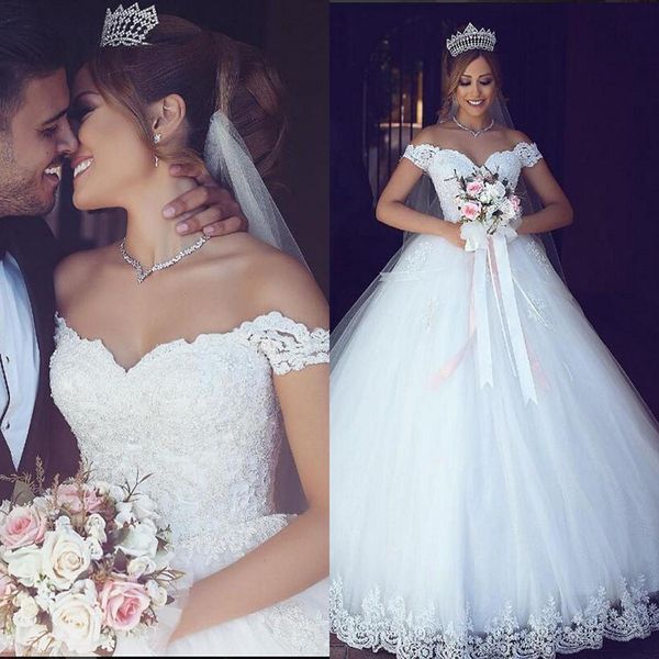 

Lace Arabic Wedding Dresses 2019 Off Shoulder Ball Gown Tulle Bridal Dresses Vintage Cheap Wedding Gowns Custom Made