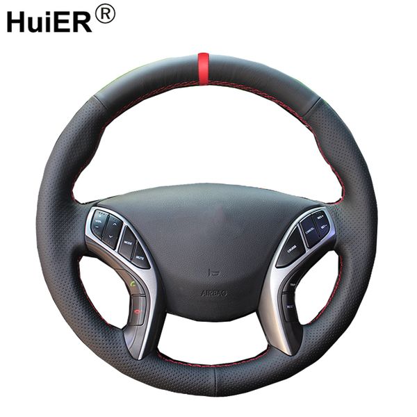 

huier hand sew car steering wheel cover red marker non-slip wear-resistant for elantra 2011-2016 avante i30 2012-2016
