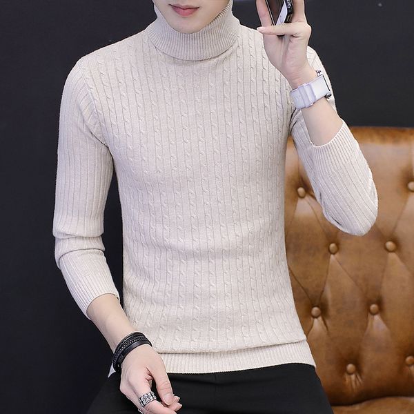 

2019 autumn and winter men's casual high-necked pullover sweater, warm winter tight knit shirt , solid color brand sweaters men, White;black