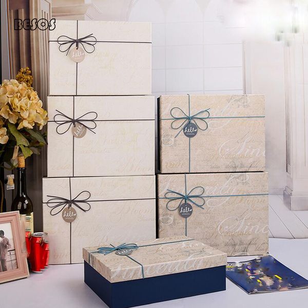 

retro rectangular gift box white beige box lid blue gray bottom alphabet new year party scarf hat shirt paper gift b302d