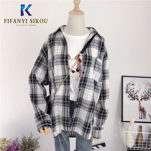 

2019 spring autumn blouse women fashion vintage plaid shirt casual long sleeve shirts loose plus size womens and blouses, White