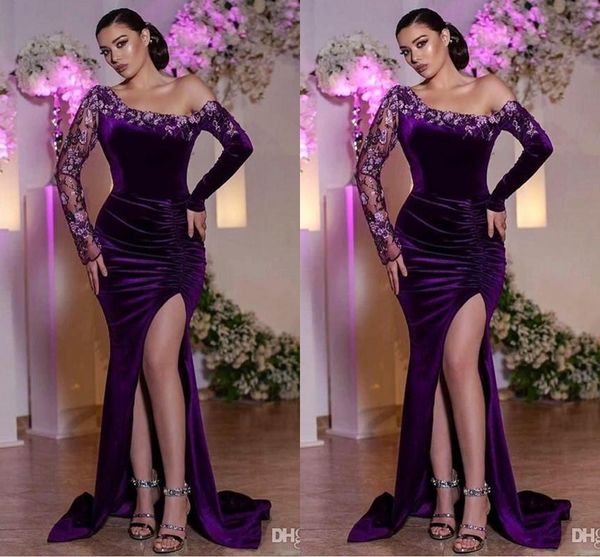 

arabic dubai mermaid evening dresses lace applique pleats one shoulder velvet prom dress side split plus size evening gowns robe de soiree, Black