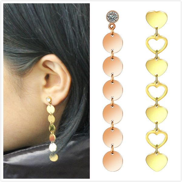 

new personalize rose gold stainless steel womens heart slice long drop tassel dangle stud earring allergy proof earrings for women wholesale, Silver