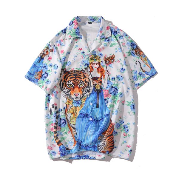 

#3879 floral tiger girls printed shirt mens summer 2020 short sleeve beach shirt for men white hawaii man loose, White;black