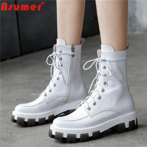 

asumer 2020 new genuine leather boots women brand lace up zipper solid color black white autumn fashion ankle boots female shoes