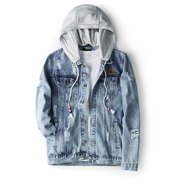 

moruancle men hi street destroyed denim trucker jackets with embroidery streetwear ripped jean outerwear with removable hood, Black;brown