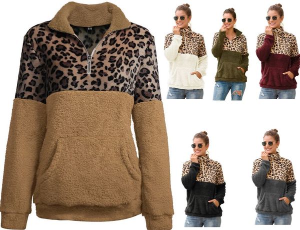 

sherpa women sweater leopard patchwork pullovers winter long sleeve sweatshirt zipper soft fleece sweaters outwears coats with pocket, Black