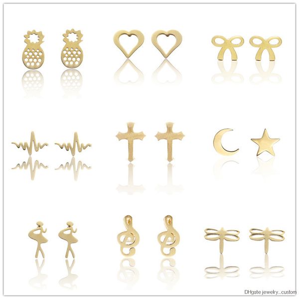 

Women Gold / Silver Color Stainless Steel Cute Stud Earrings Girls Animal Pineapple Cactus Cat Earrings Minimalist Jewelry A26