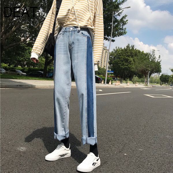 

deat] 2019 autumn fashion trend new pattern women's jeans stitching straight trousers stretch wash straight thin safari ai856, Blue