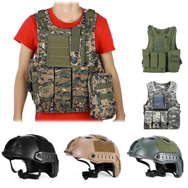 

600d oxford tactical vest + tactical helmet army molle vest cs combat hunting pouch assault plate carrier, Camo;black