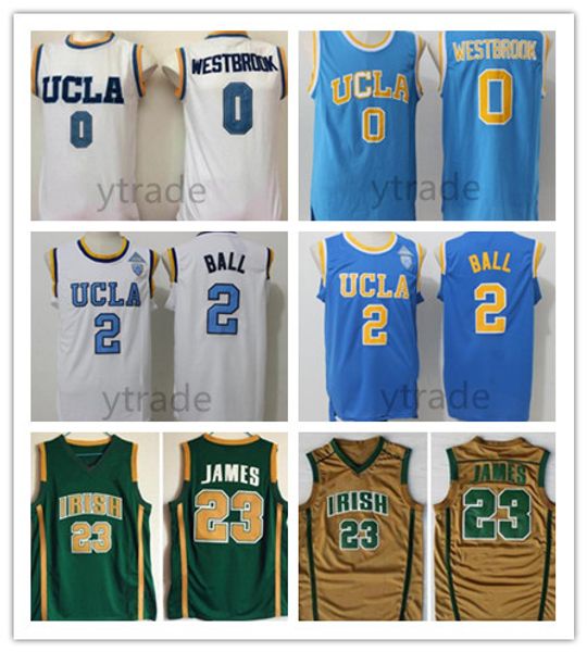 High School Irish Lebron Gold Grün 2019 Weiß Blau NCAA UCLA Bruins Lonzo Westbrook College Russell Basketballtrikot