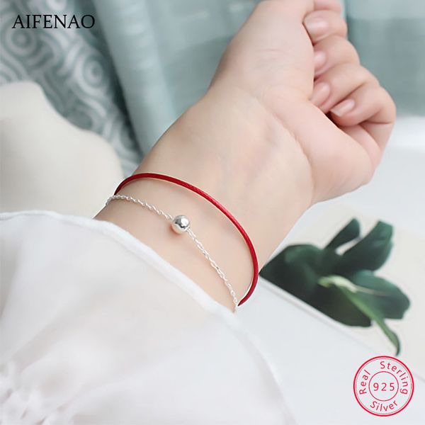 

925 sterling silver bead chain bracelet handmade red thread lucky charm bracelets for women jewelry friendship female gift, Golden;silver