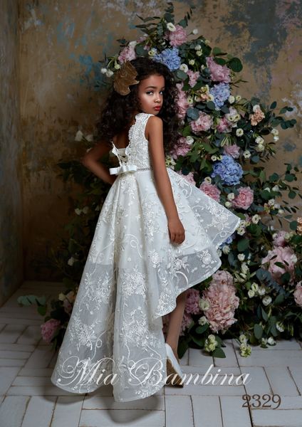 

2020 high low flower girl dresses jewel neck appliqued beaded girl pageant gown open back sleeveless bow sash girl birthday gowns, White;blue