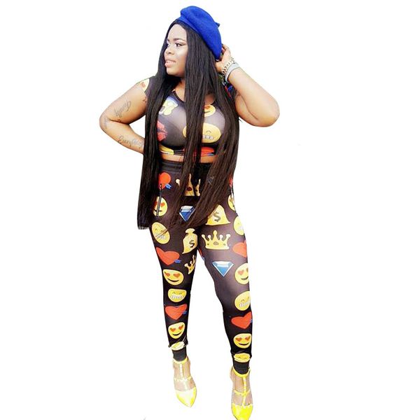 

Emoji Print Women Tracksuit Summer Two Piece Set Crop Top And Pants Suit Cute Jogger Set Casual Sweat Suits Female