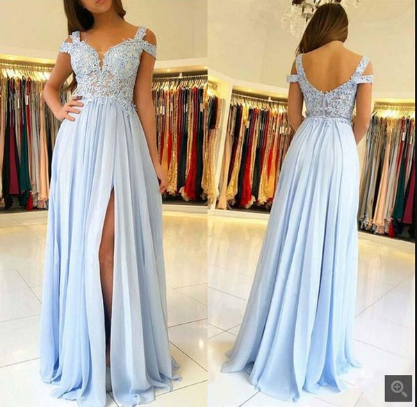 

2019 light blue chiffon a line off the shoulder evening dress sweetheart neck with slit beaded evening gowns, White;black
