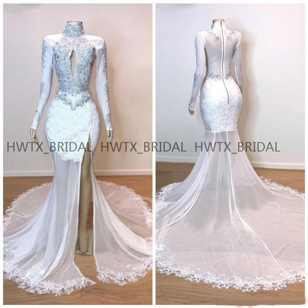 

thigh-high slits prom dresses white high neck long sleeves vintage lace african girls prom dress 2019 custom formal party gown, White;black