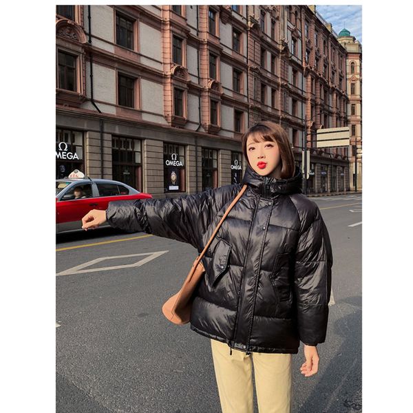 

womens brand coat jackets fashion solid color hooded coat in winter womens new tide loose light thin bright down coat 4 colors sale, Black