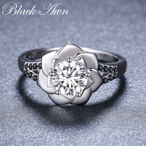 

black awn] big flower 925 sterling silver jewelry wedding rings for women femme bijoux bague cute finger ring g073, Golden;silver
