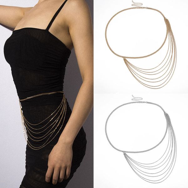 

women long tassel dress belt metal waist chain belt gold silver color simple geometric chain waistband party dress jewelry, Black;brown