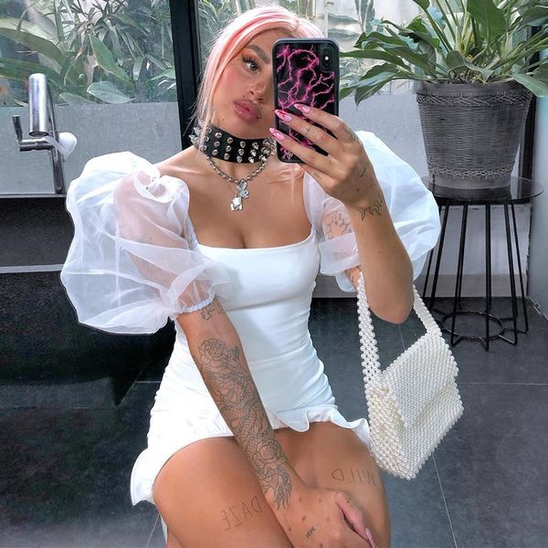 

summer womens ruffle bodycon dresses square neck puff gauze sleeve ladies party dresses solid palace style fashion female sheath dresses, White;black