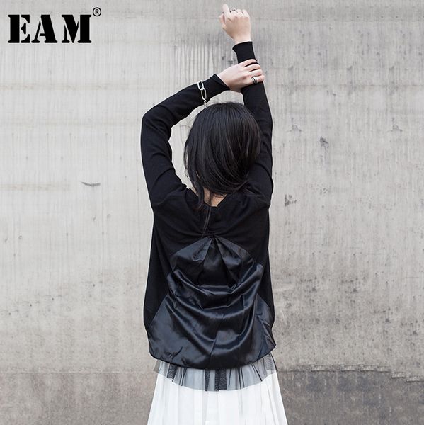 

eam] 2019 new autumn winter v-collar long sleeve black back fold irregular stitch loose jacket women coat fashion tide jr385, Black;brown