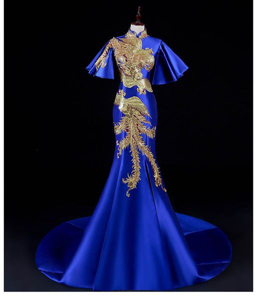 

luxury blue and red embroidery slim chinese dress cheongsam dresses improved red turtleneck backless bride bride dress mermaid dresses, White;black