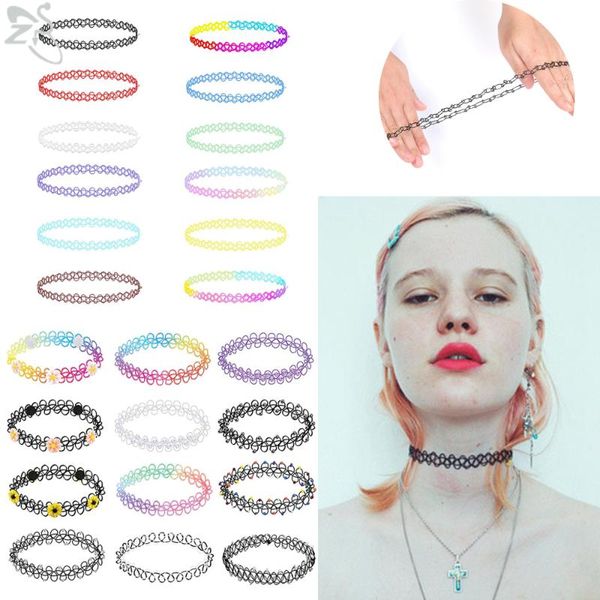 

zs 12pcs/set colorful chokers necklace for women girl cute flower stretchable necklaces collar party jewelry tattoo choker femme, Golden;silver