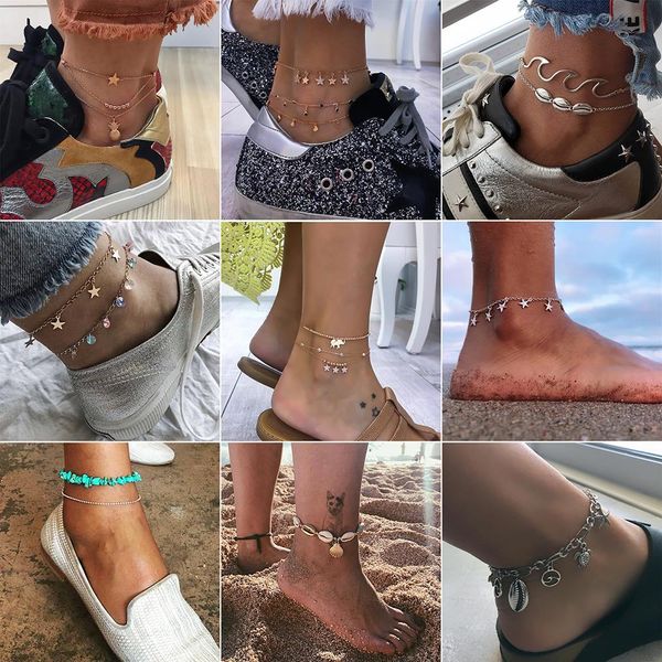

15 styles vintage moon star shell bells crystal multilayer anklets for women gold silver bohemian bracelet boho body jewelry, Red;blue