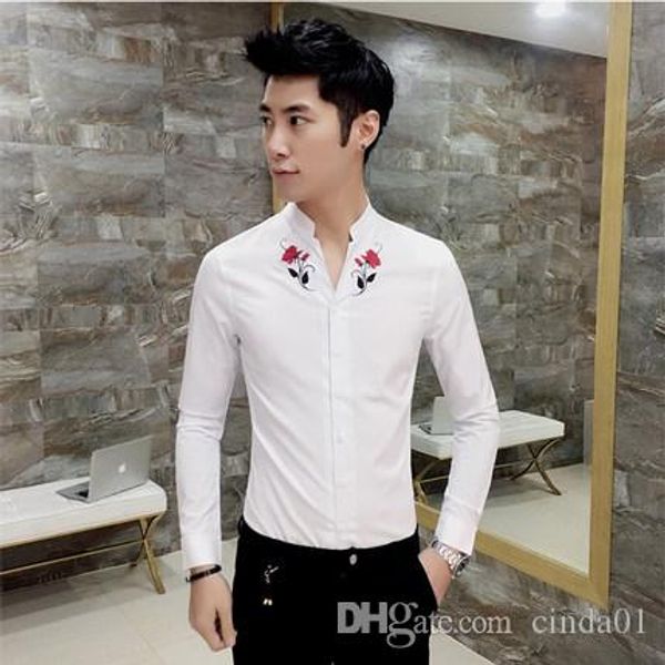 

fashion new mens western stand collar rose embroidery long sleeve spring button front casual shirt top, White;black