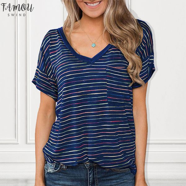 

t shirt women 2020 v neck loose tshirt striped short sleeves women short tee summer casual female tees women, White
