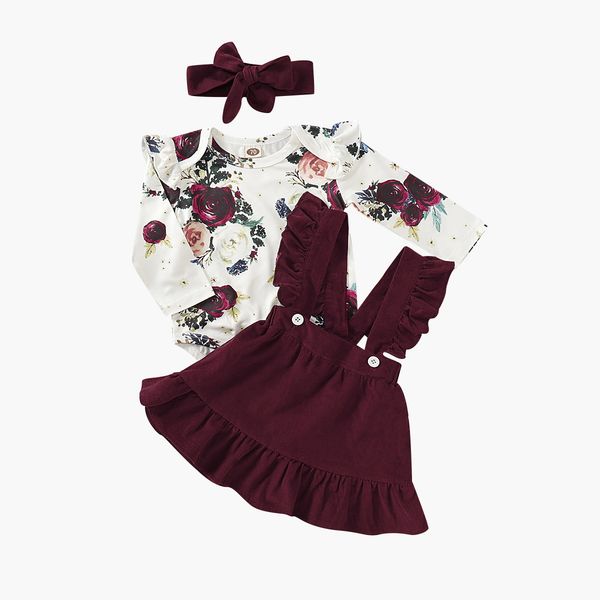 

infant baby girl floral romper+velvet ruffle suspender skirt+headband outfit set, Blue