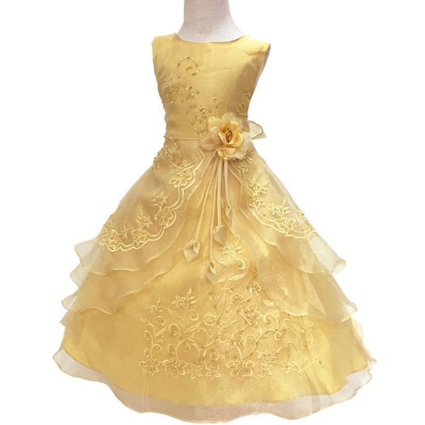 

girl party dress with hoop kid embroidered formal bridesmaid wedding graduation gown christmas princess formal girls dresses, Red;yellow