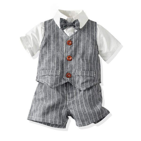 

3 piece set children's clothing summer children's striped vest shirt shorts baby one-year-old dress go out gentleman clothes, White